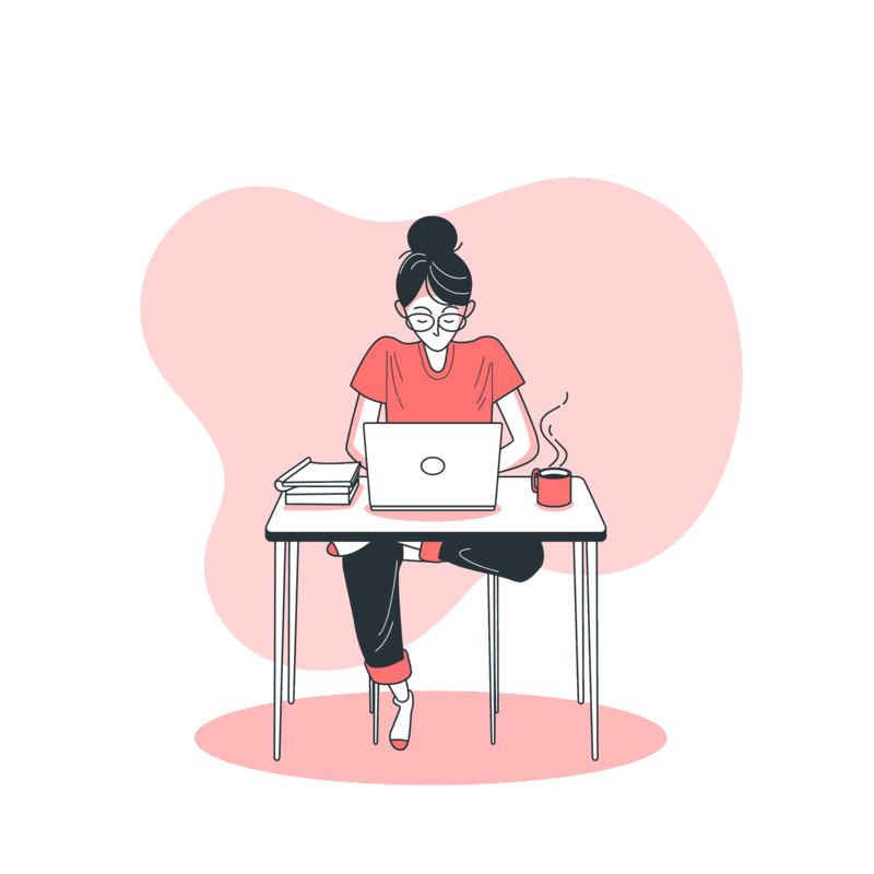 Illustration en 2D d’une développeuse web assise à un bureau, travaillant sur un ordinateur portable, avec une tasse de café fumante et des livres à côté.