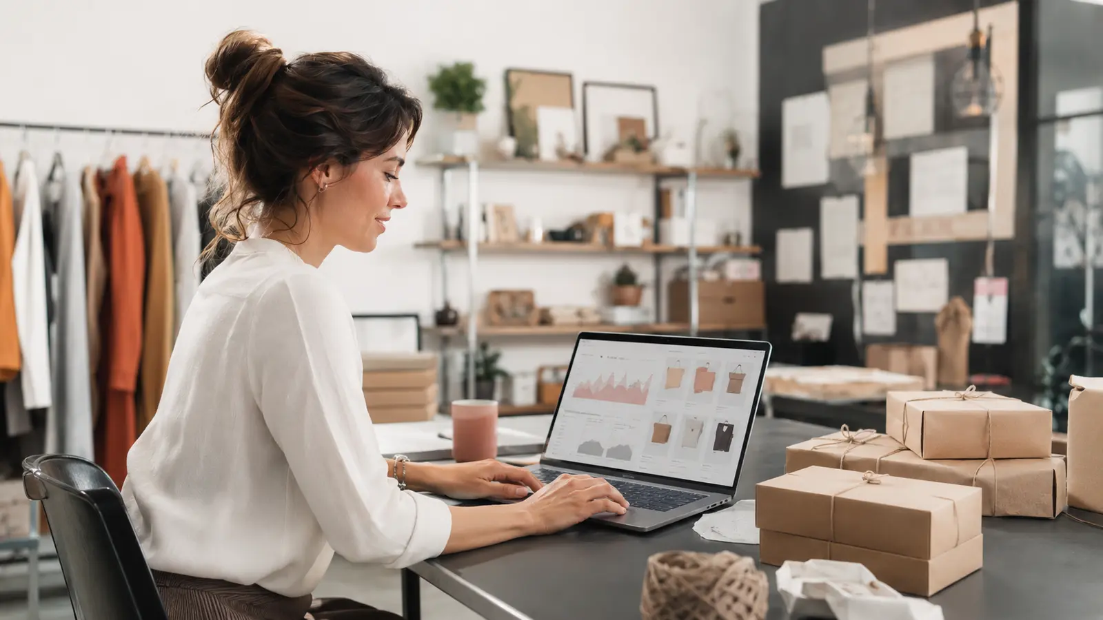 creation-site-e-commerce-image Entrepreneuse gérant une boutique en ligne et ses commandes depuis un ordinateur